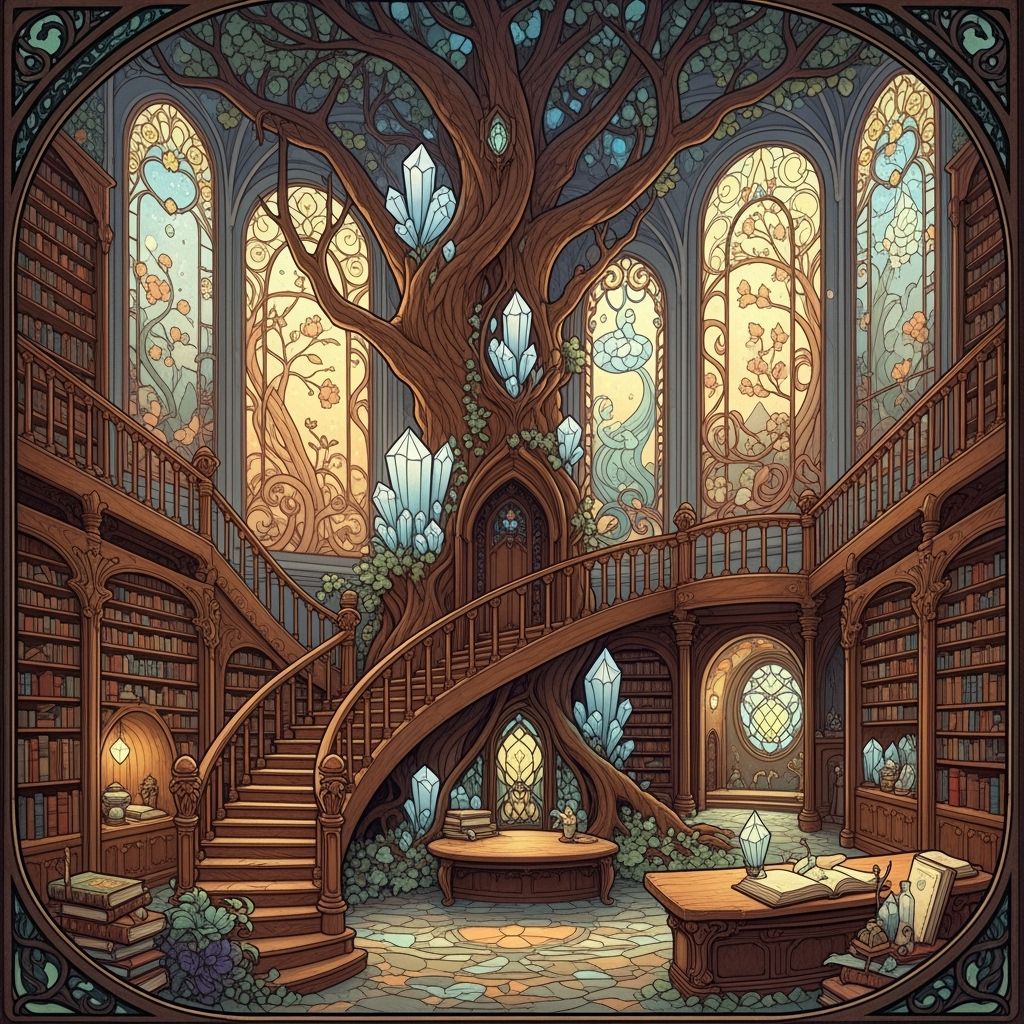 Majestic Tree Library in Art Nouveau Style