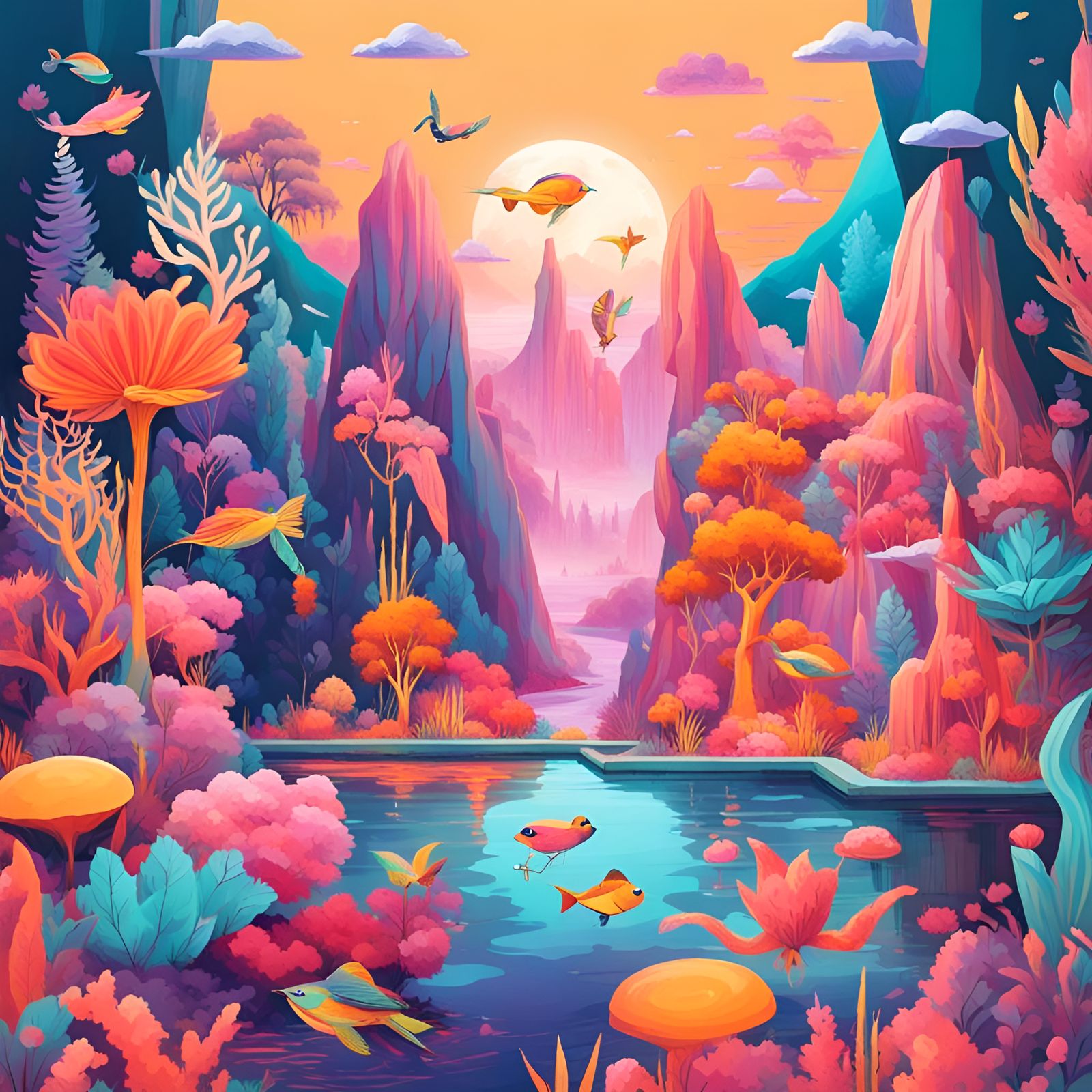 Detailed Maximalist Landscape with Extravagant Elements