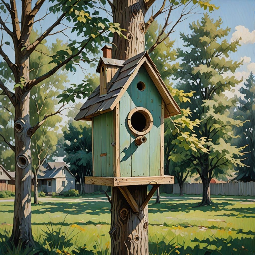Birdhouse in Suburbia: Oil Painting in Constructivist Style