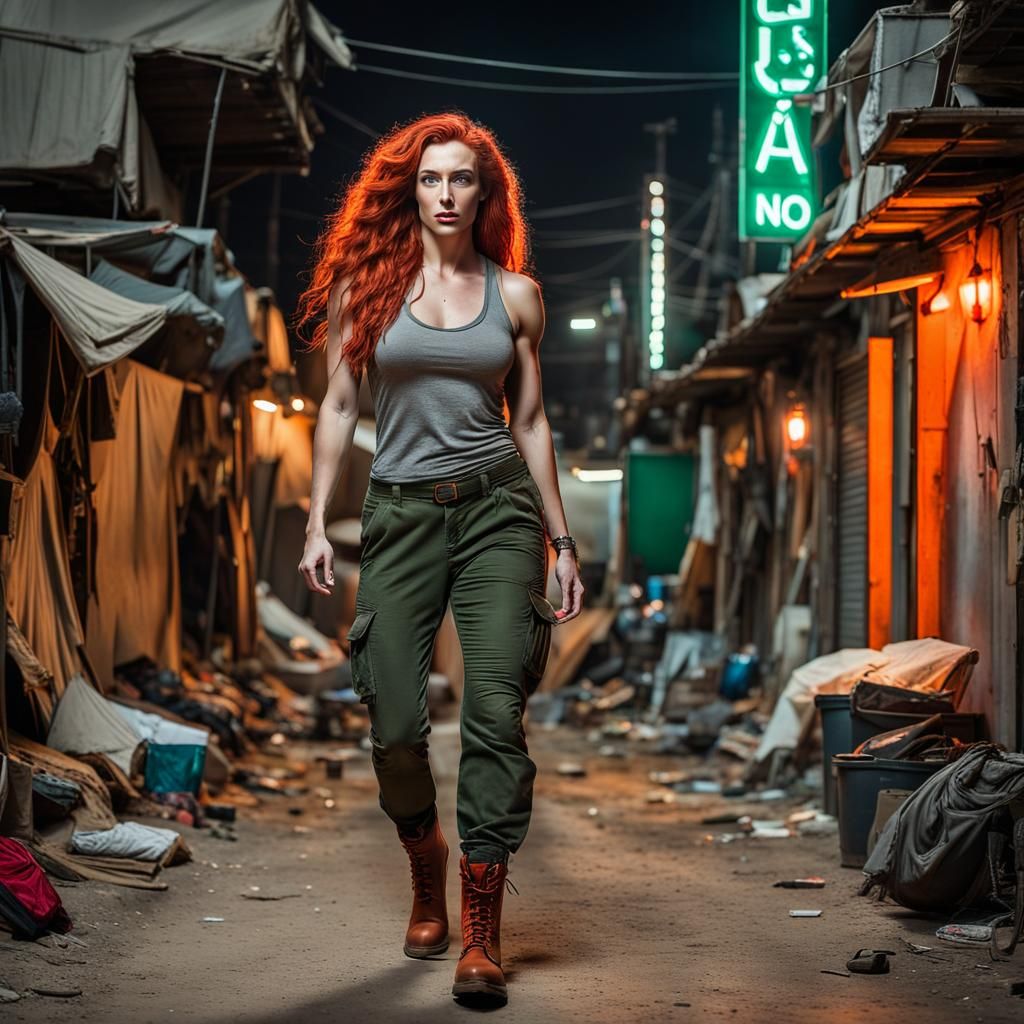 Muscular Amazon Woman in Neon-Lit Slums