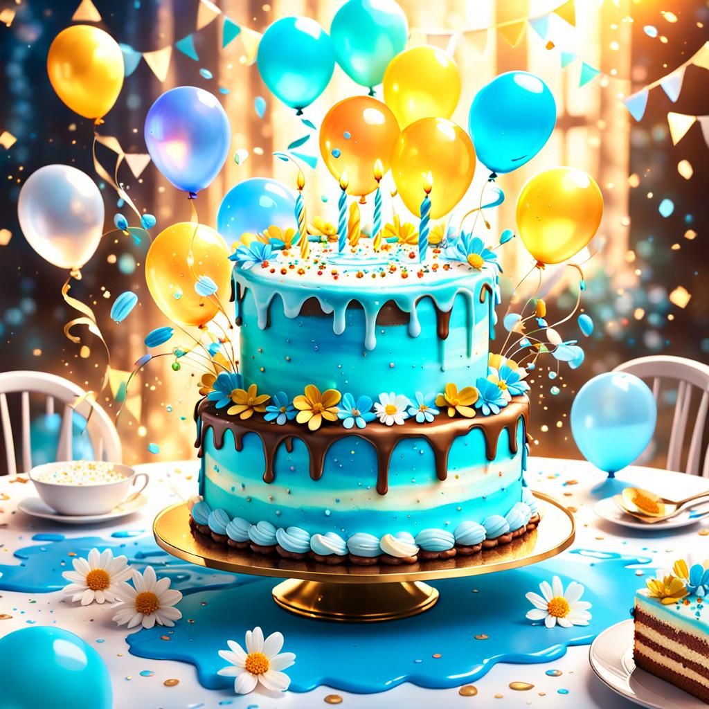 Birthday Cake with Iridescent Balloons: Fantasy Art