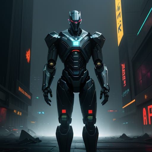 Epic Futuristic Robot Amidst Ruined Cityscape in Hyper-Reali...
