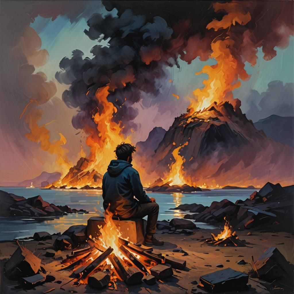 Island Bonfire: Vibrant Oil Painting with Triadic Colors