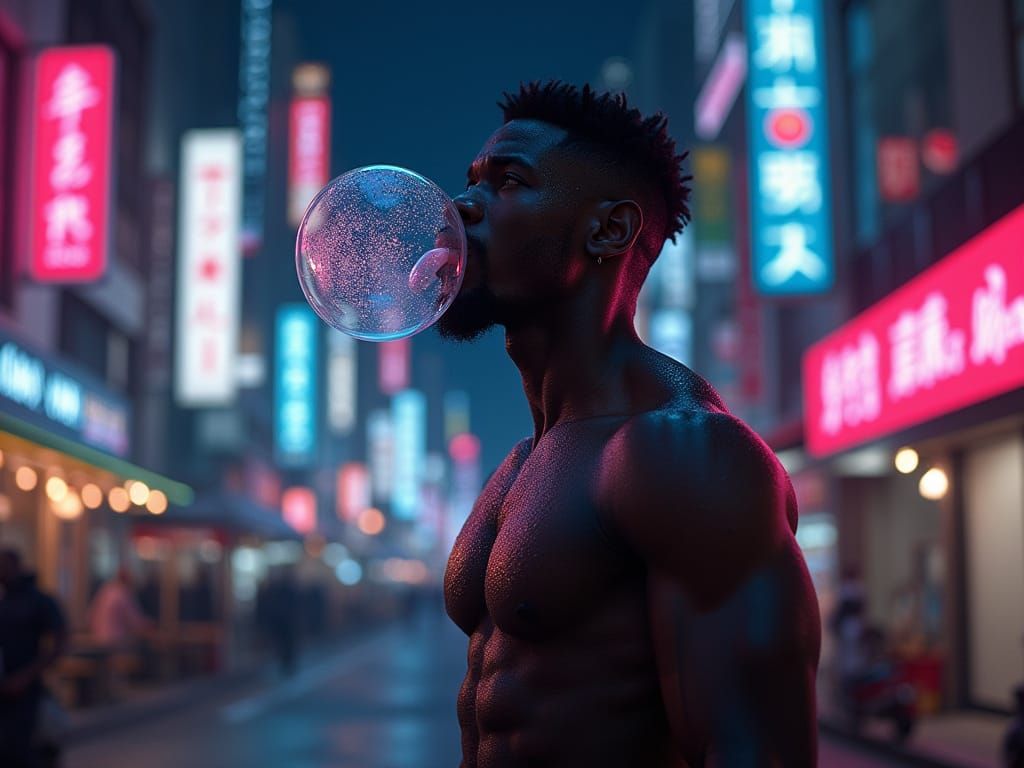 Sculpted Black Figure Blows Bubble in Neon Cityscape