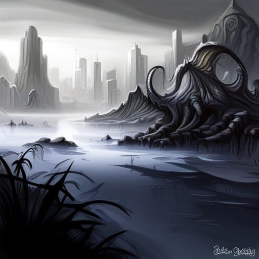 Eerie Foggy Pond in Cthulhu Style