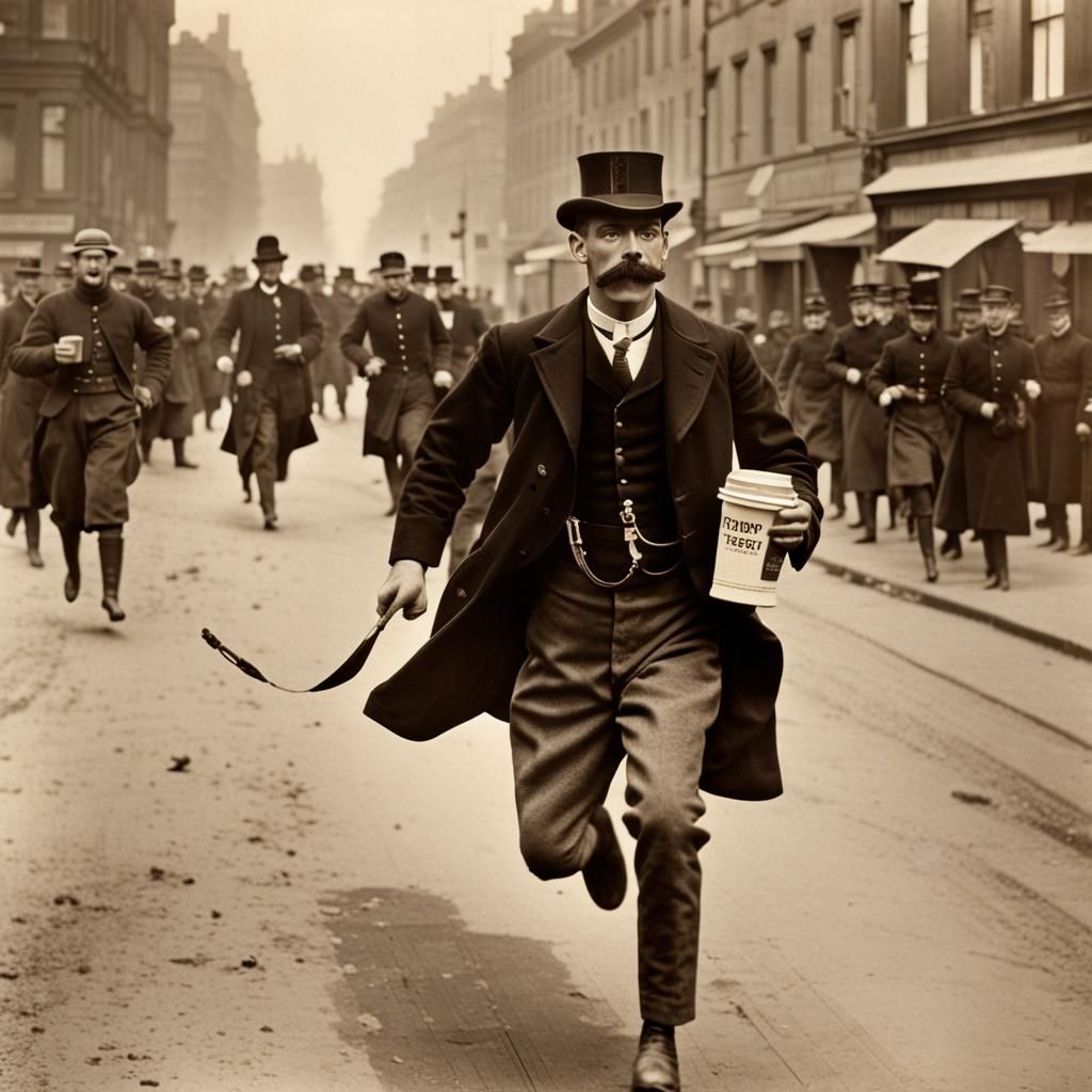 Historical Chase: Man Runs from Police with Coffee