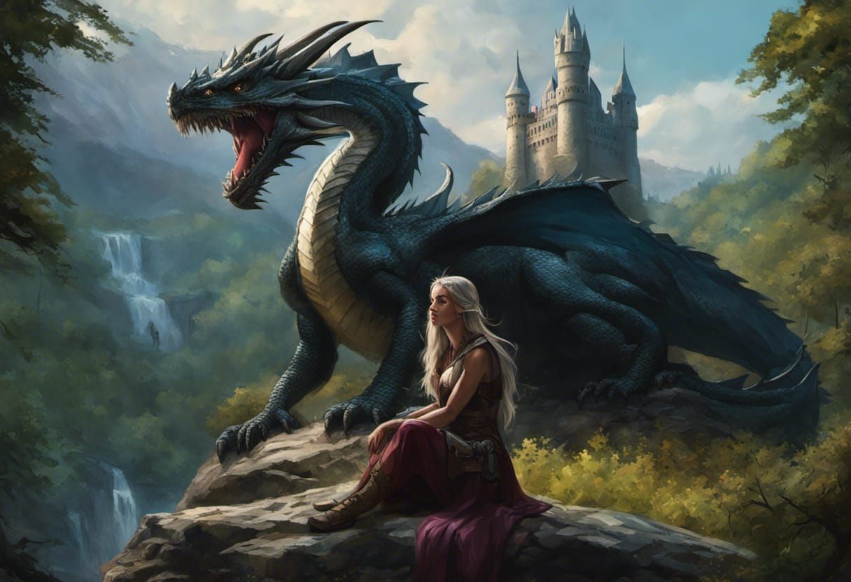 Fantasy Woman and Dragon in Forest Landscape