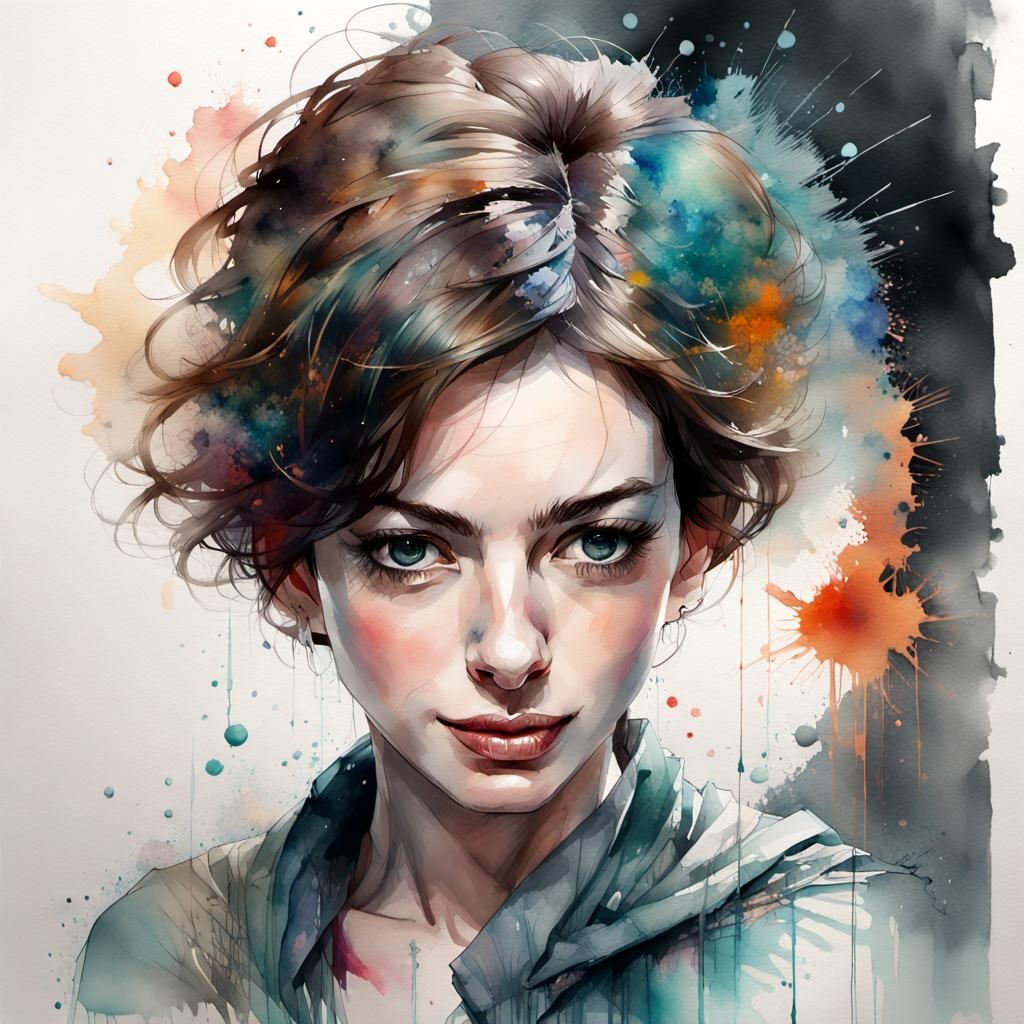 Watercolor Manga Portrait in Style of Carne Griffiths