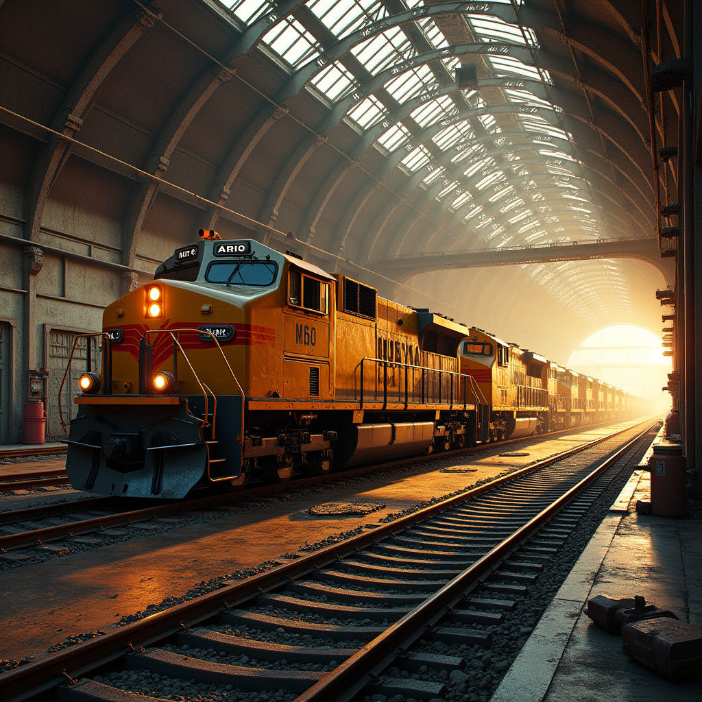 GP40 Locomotives in Roundhouse: Industrial Futurism