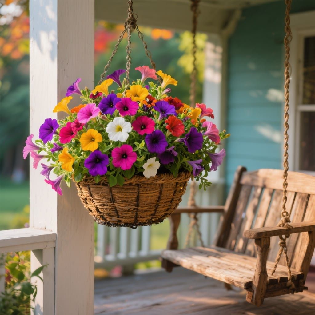 Vibrant Petunias Overflowing on Rustic Porch