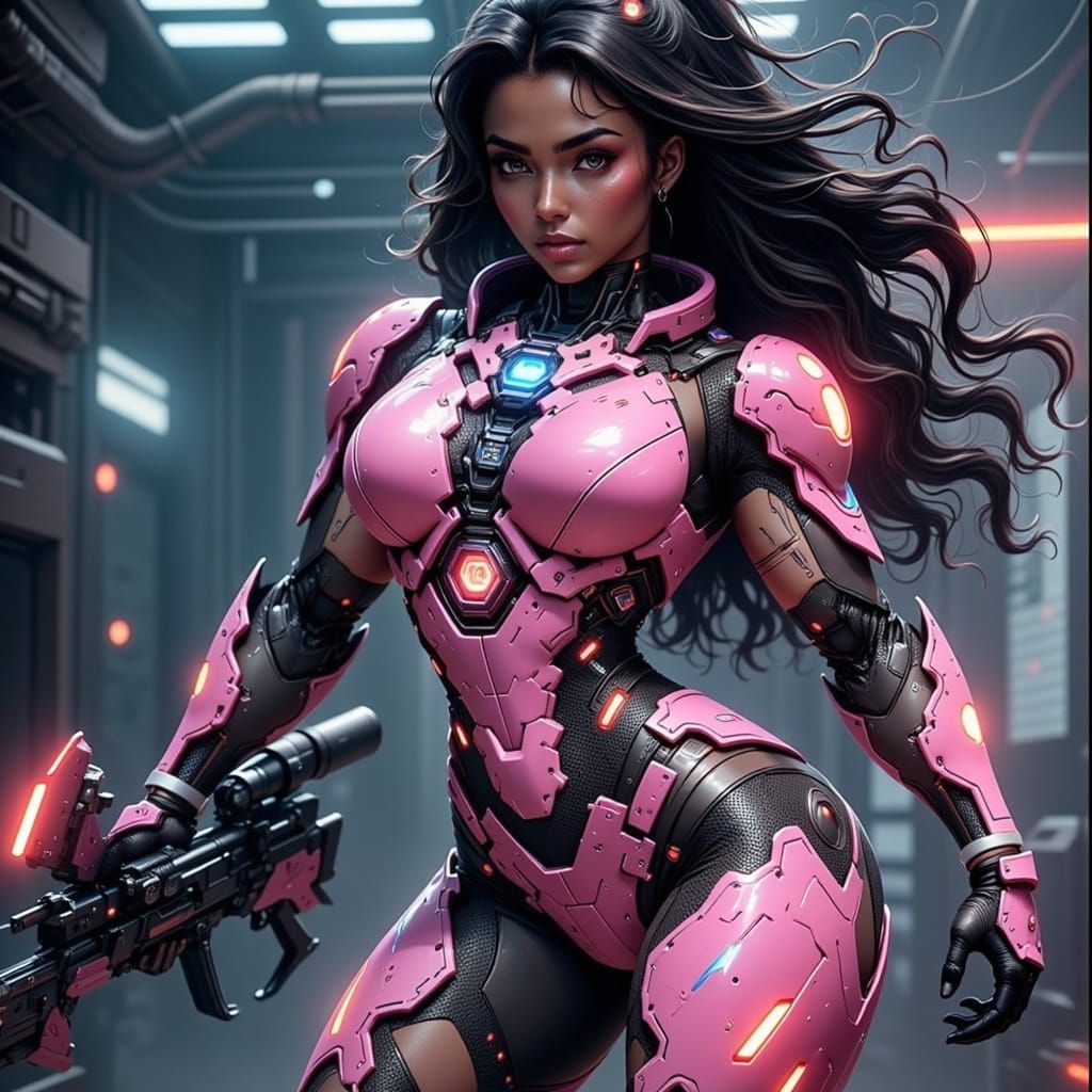 Cyberpunk Space Pilot in Pink and Neon Red Armor