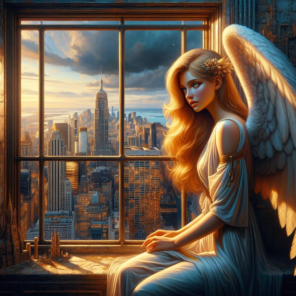 Blonde Angel Overlooking New York City as Fantasy Art