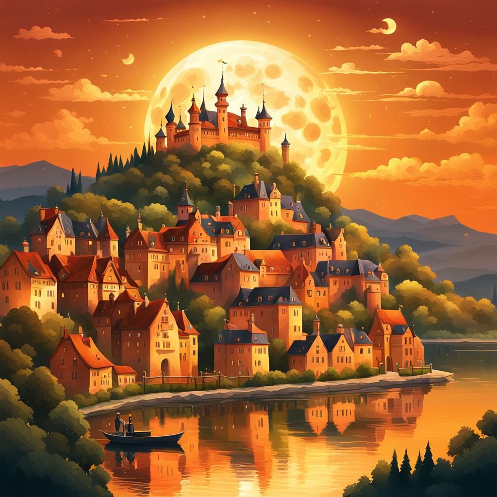 Moonlit Village: Digital Art in Golden Age Style