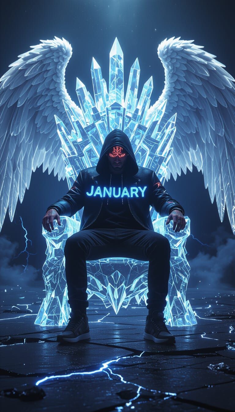 Man in Hoodie on Glowing Icy Throne