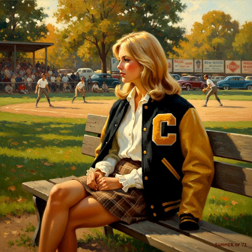 Nostalgic 1972 Oil Painting Of Woman At Softball Game