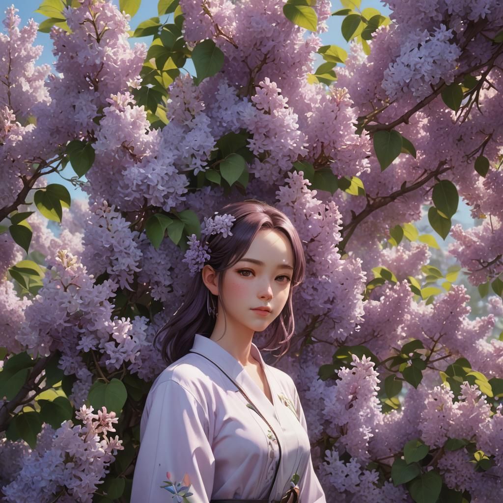 Detailed Lilacs in 3D Anime Style