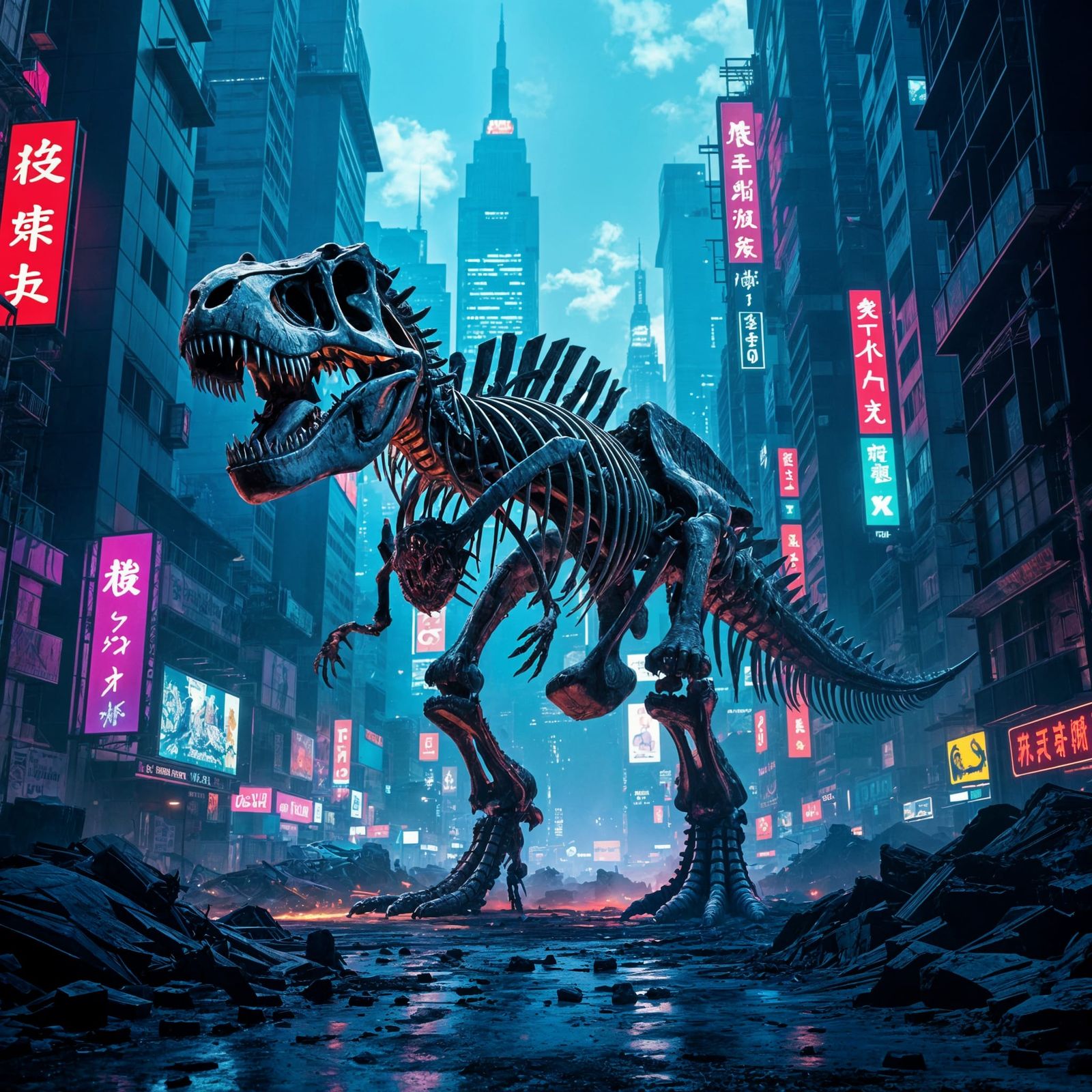 T-Rex Skeleton in Neon Cyberpunk City