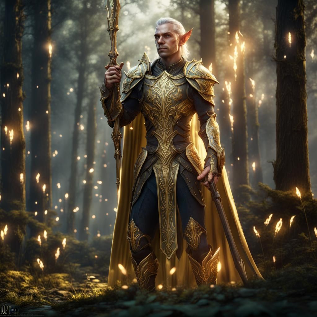 Elven Warrior in Forest with Glowing Lights