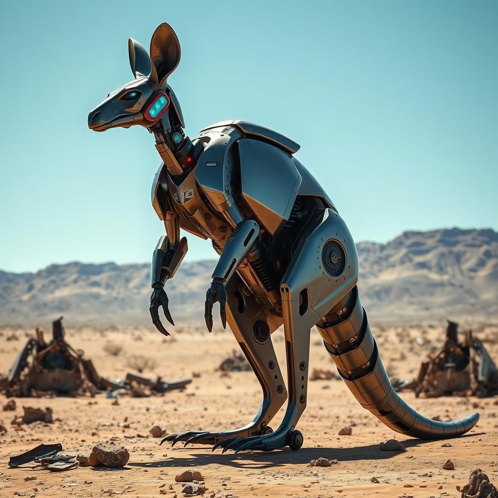 Mechanized Kangaroo in Post-Apocalyptic Desert Landscape