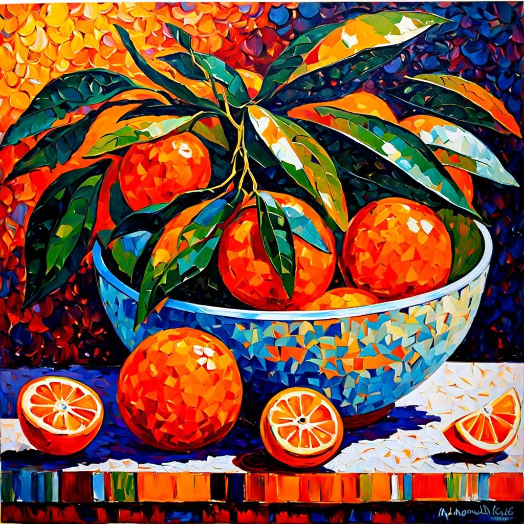 Oranges Still Life: Neo-Impressionist Impasto Acrylic Painti...