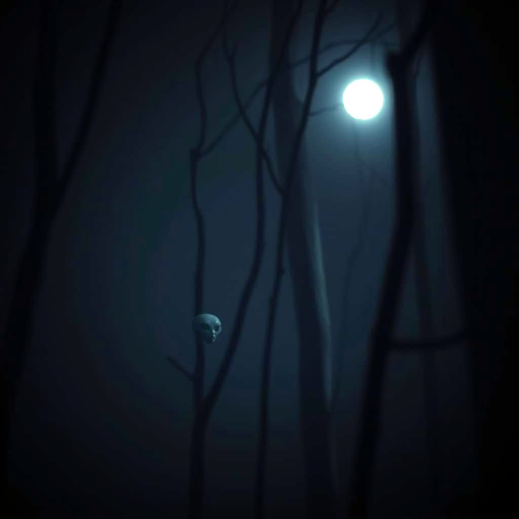 Classic Grey Alien in Misty Forest Night