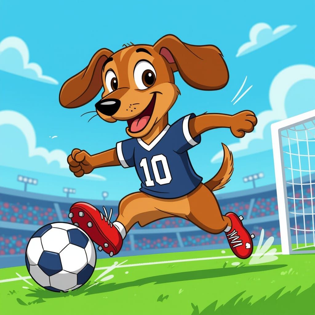 Cartoon Dachshund Scores Goal in Disney Style