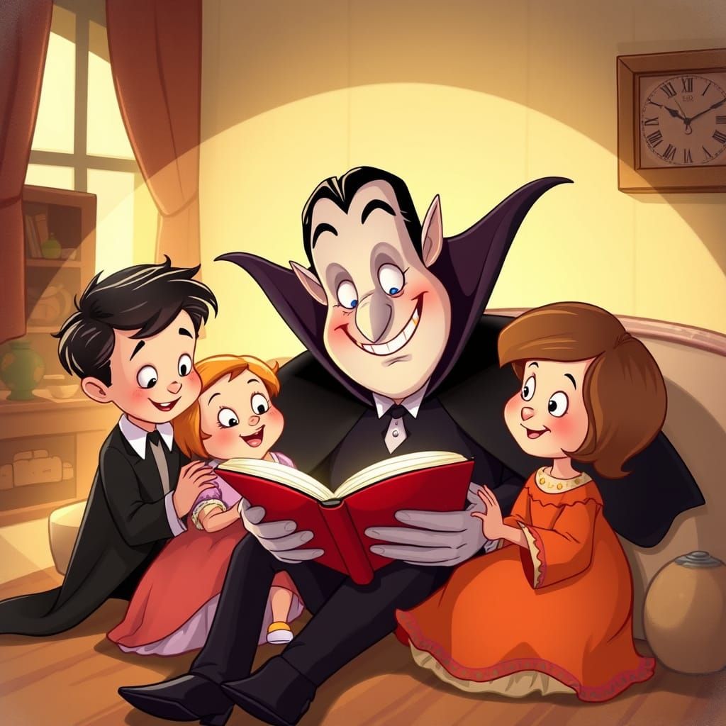 Dracula's Babysitting Business: A Whimsical Cartoon Scene