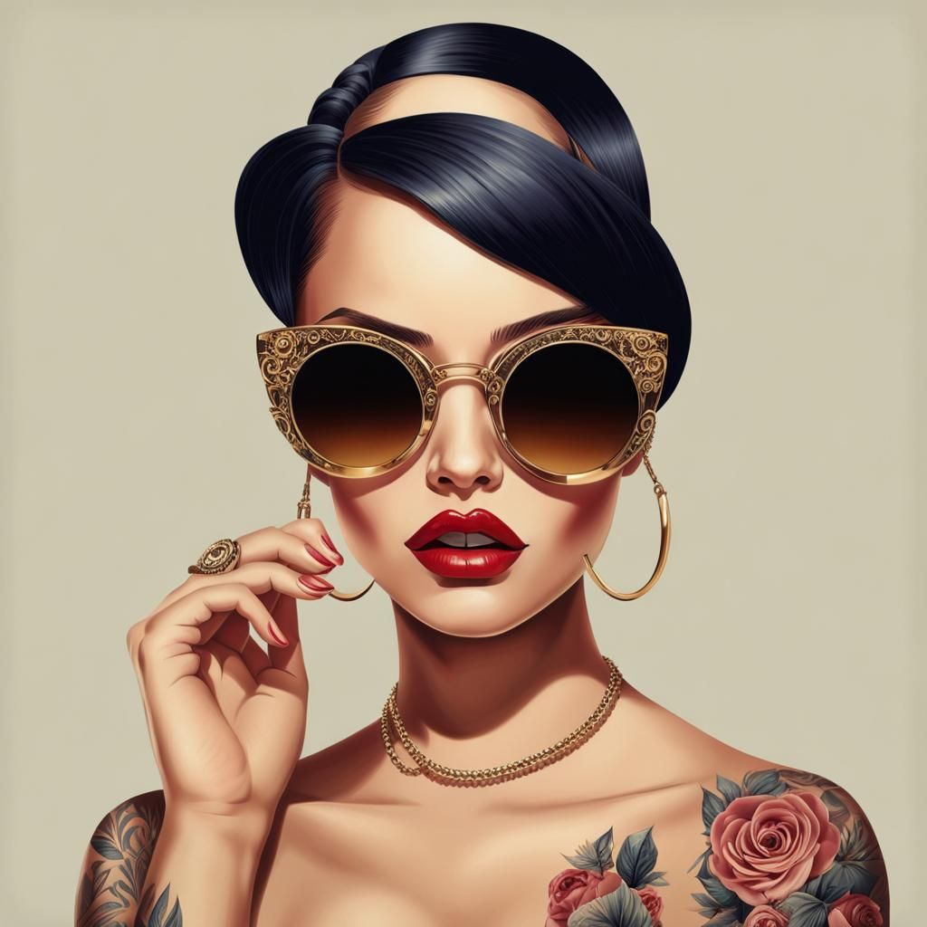 Glamorous Tattooed Girl with Golden Glasses