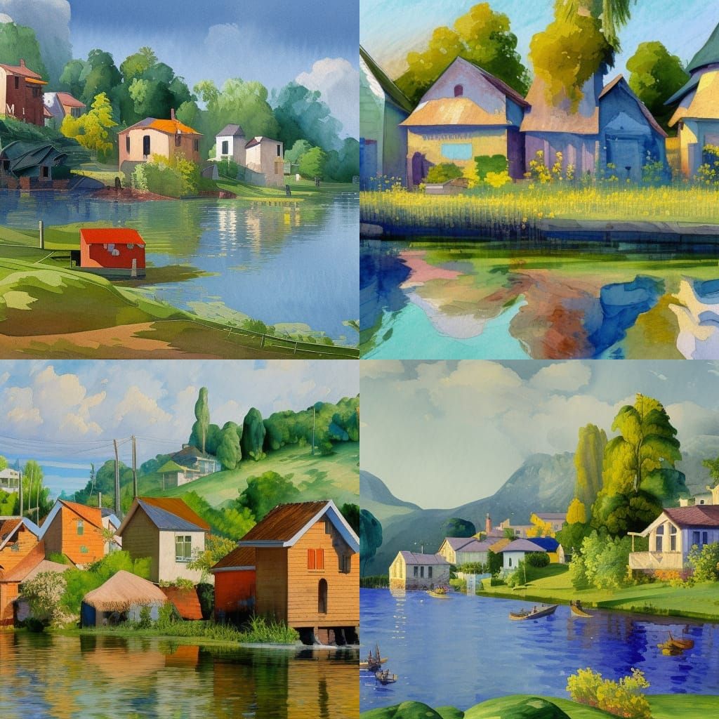 Lakeside Houses: An Impressionist Gouache Painting