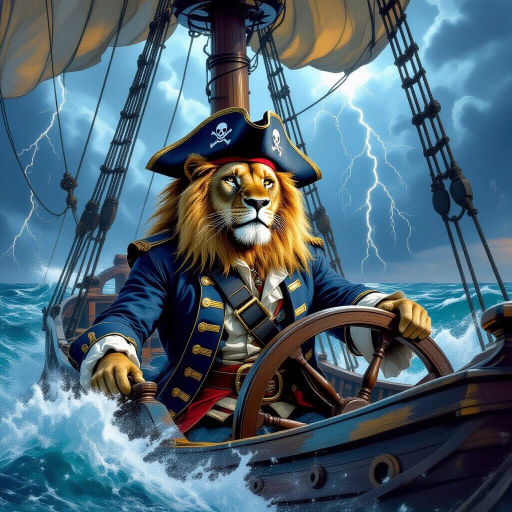 Lion Pirate Captain Sailing Stormy Seas: Cinematic Digital A...