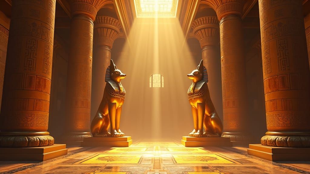 Opulent Egyptian Palace Room with Golden Anubis Statues