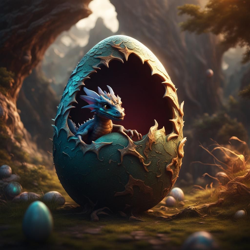 Fantasy Art: Beautiful Baby Dragon Hatching From Egg