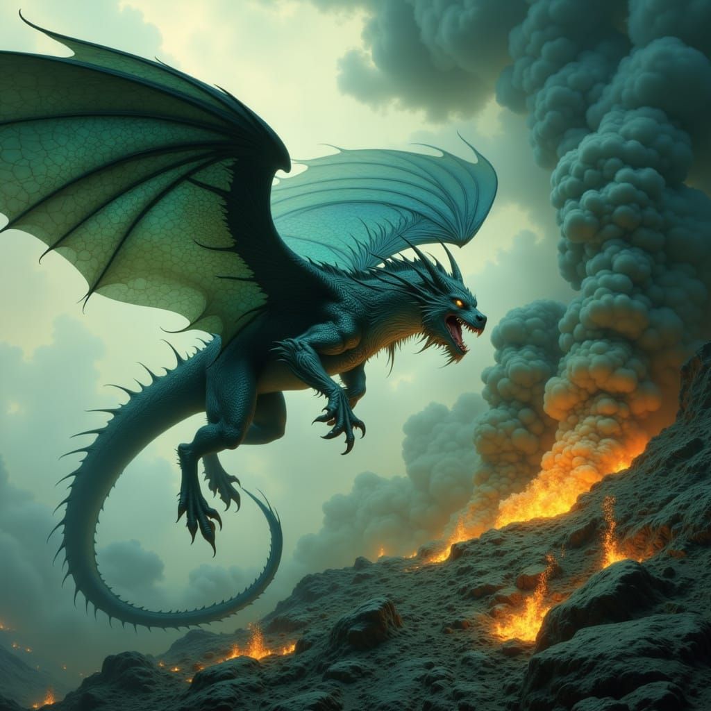 Epic Dragon Flight Over Volcanic Landscape in Fantasy Art St...