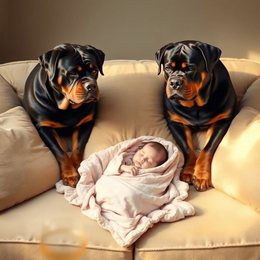 Two beautiful rottweilers fiercely guarding a beautiful newb...