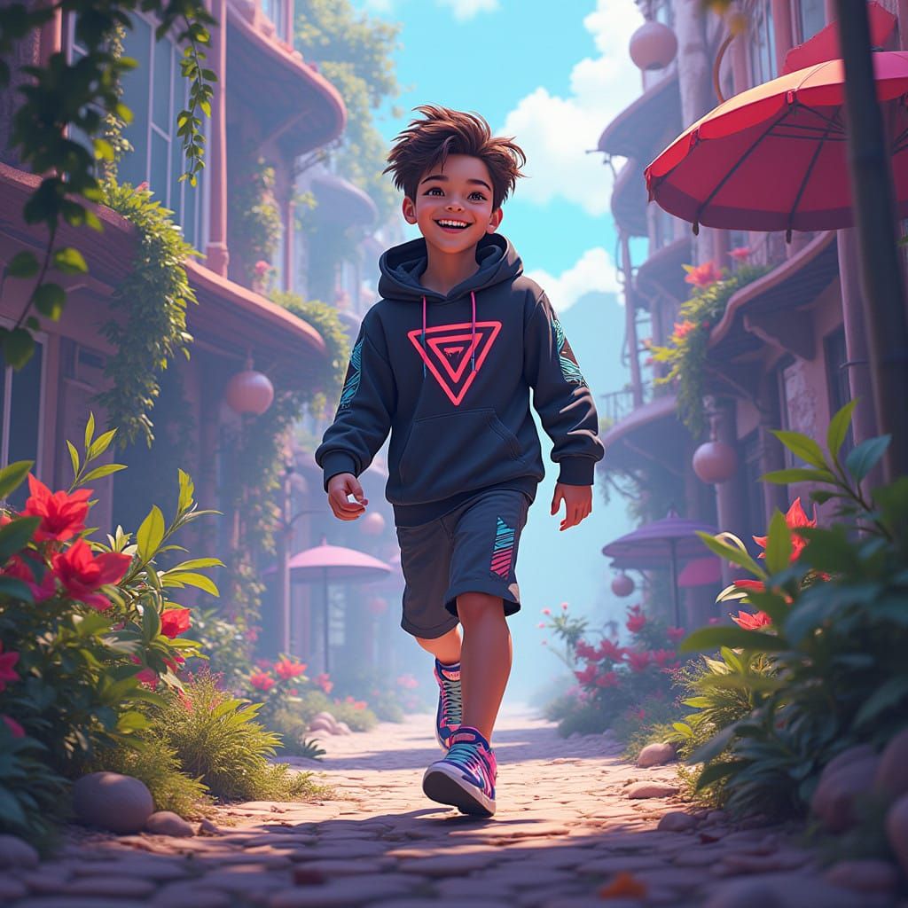 Energized Teenager Embarks in Neon-Lit Futuristic Landscape