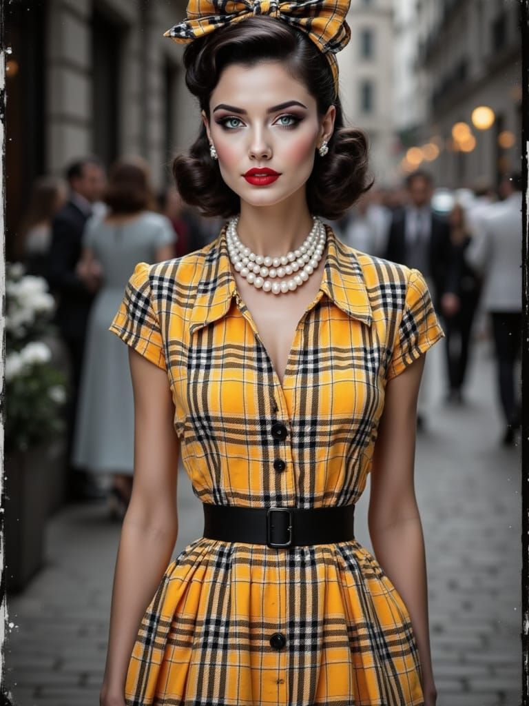 Vintage Woman in Polka Dot Dress, Pearl Necklace, and Bow