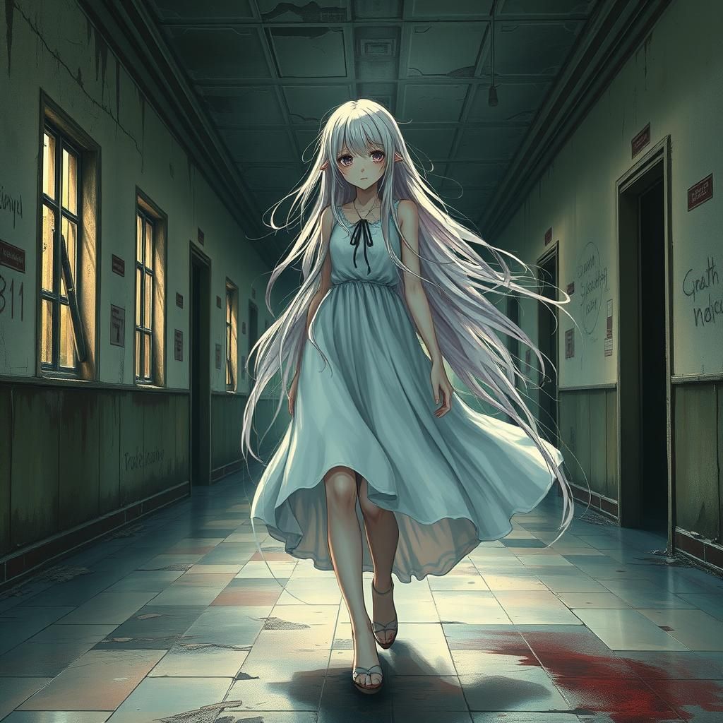 a mysterious anime girl with long, wandering through an abandoned school.
