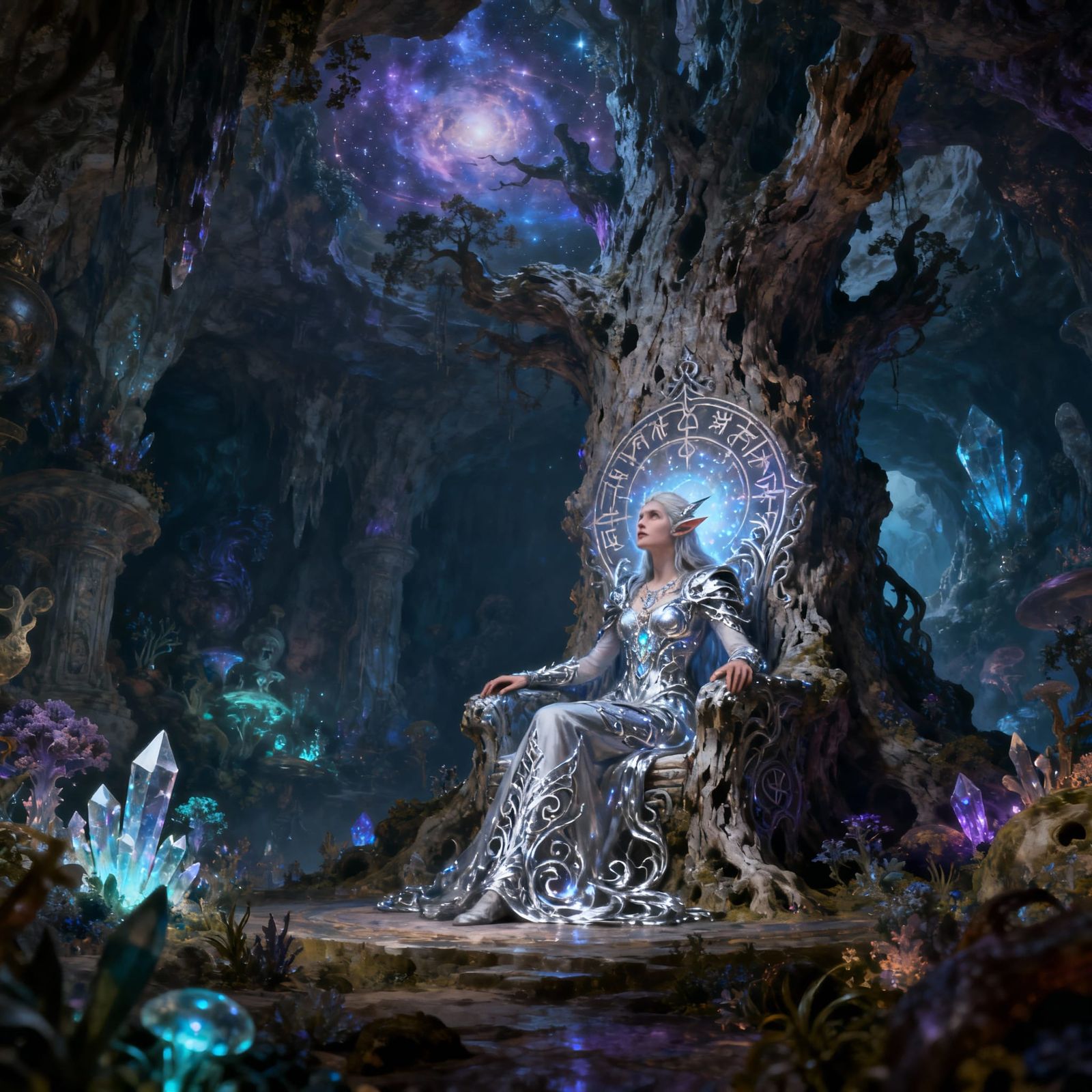 Elven Queen on Petrified Tree Throne in Ethereal Cavern