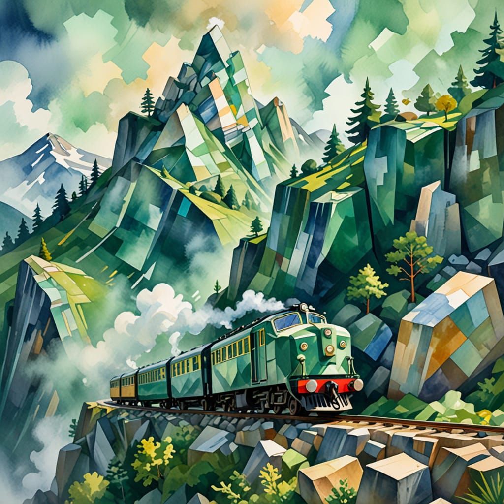 Cubist Mountain Train Ascends a Geometric Pass