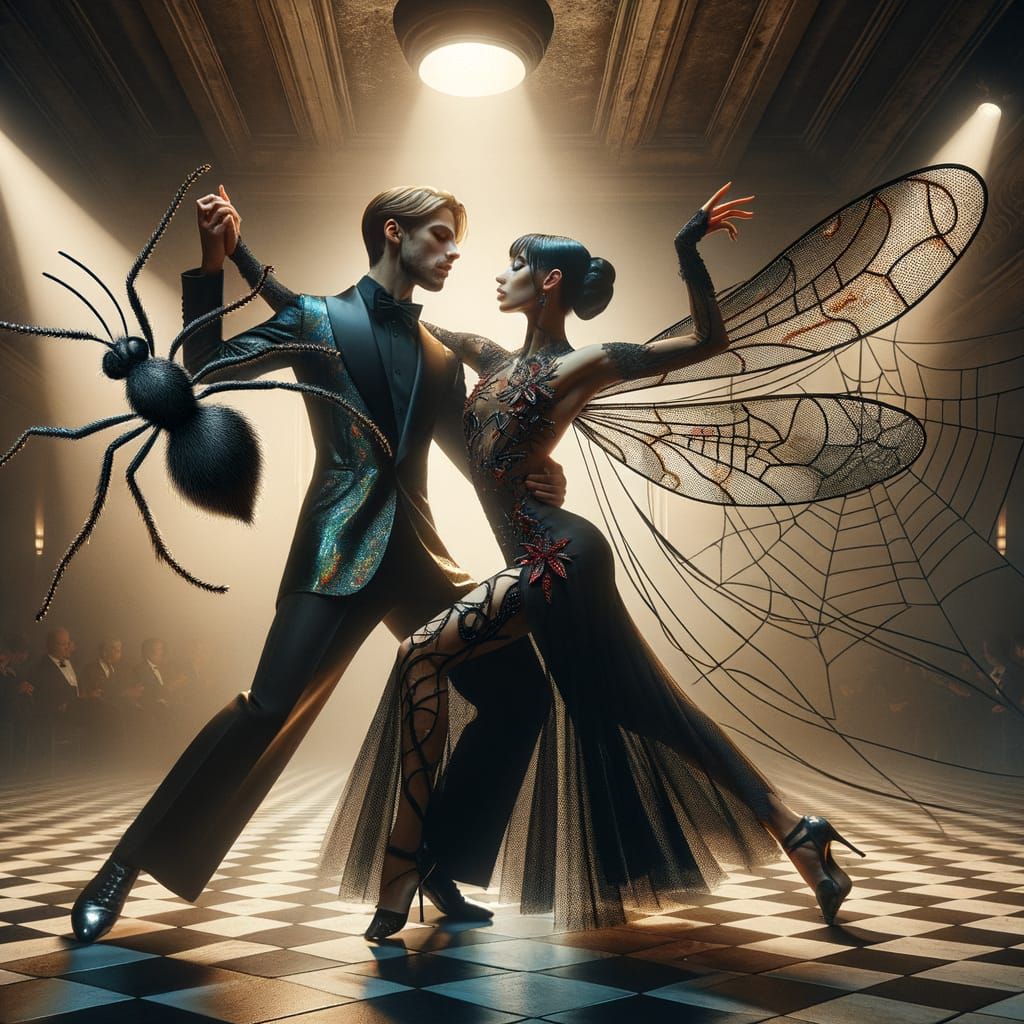 Two tango dancers mid-step in a shadow-drenched ballroom, pe...