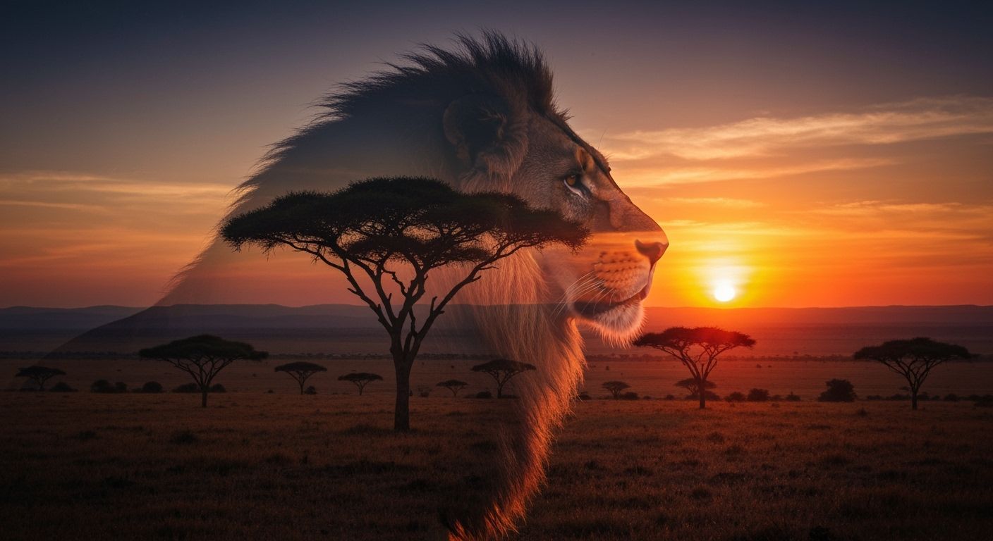 Majestic Lion Merged with African Sunset Landscape