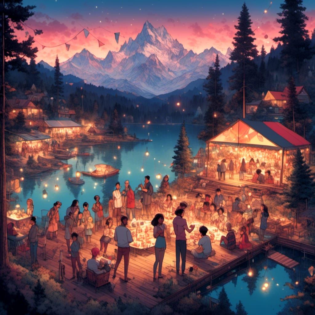 Vintage Cartoon Lake Party at Dusk