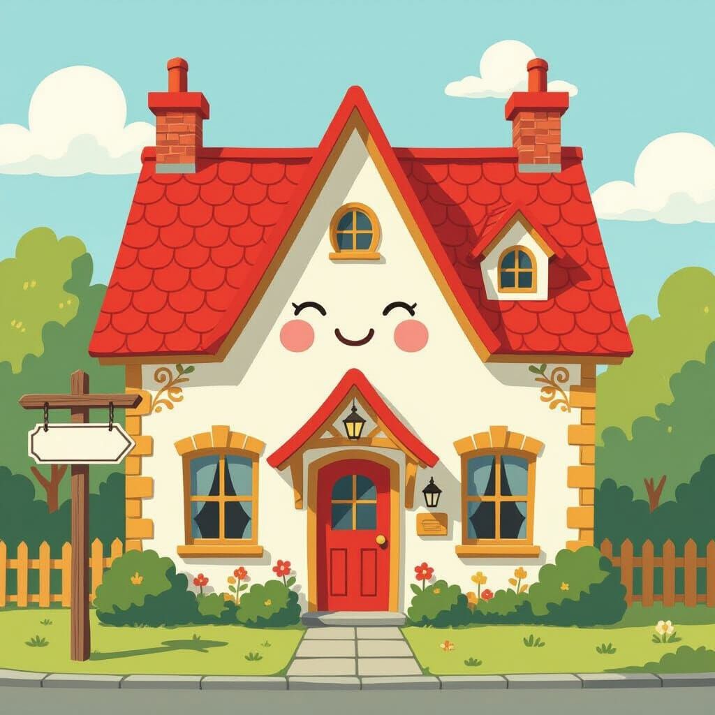 Whimsical House with Smiling Face in Animation Style