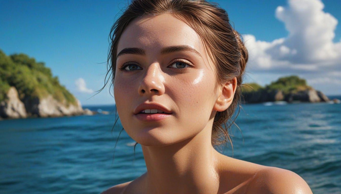 Island Goddess in Hyperrealistic Splash Art