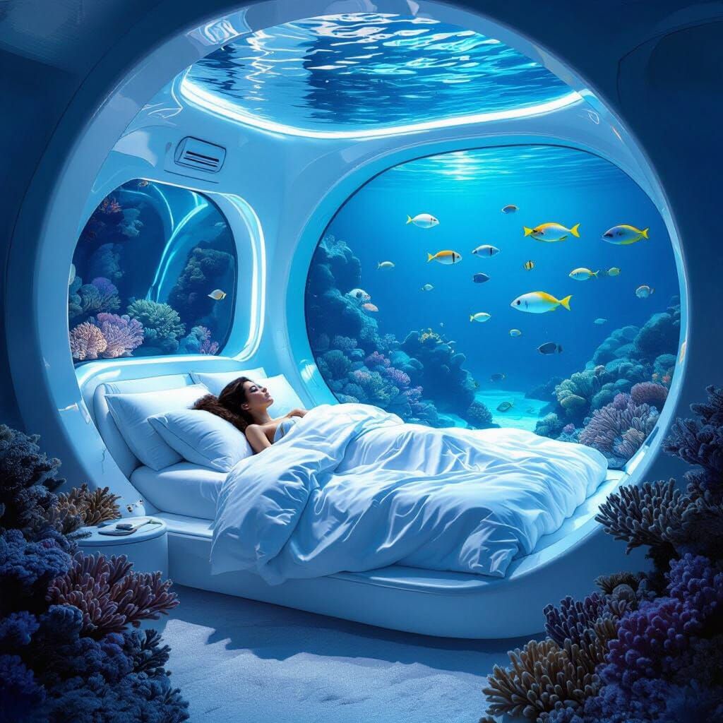 Underwater Bedroom with Exotic Fish, Dreamy Digital Art