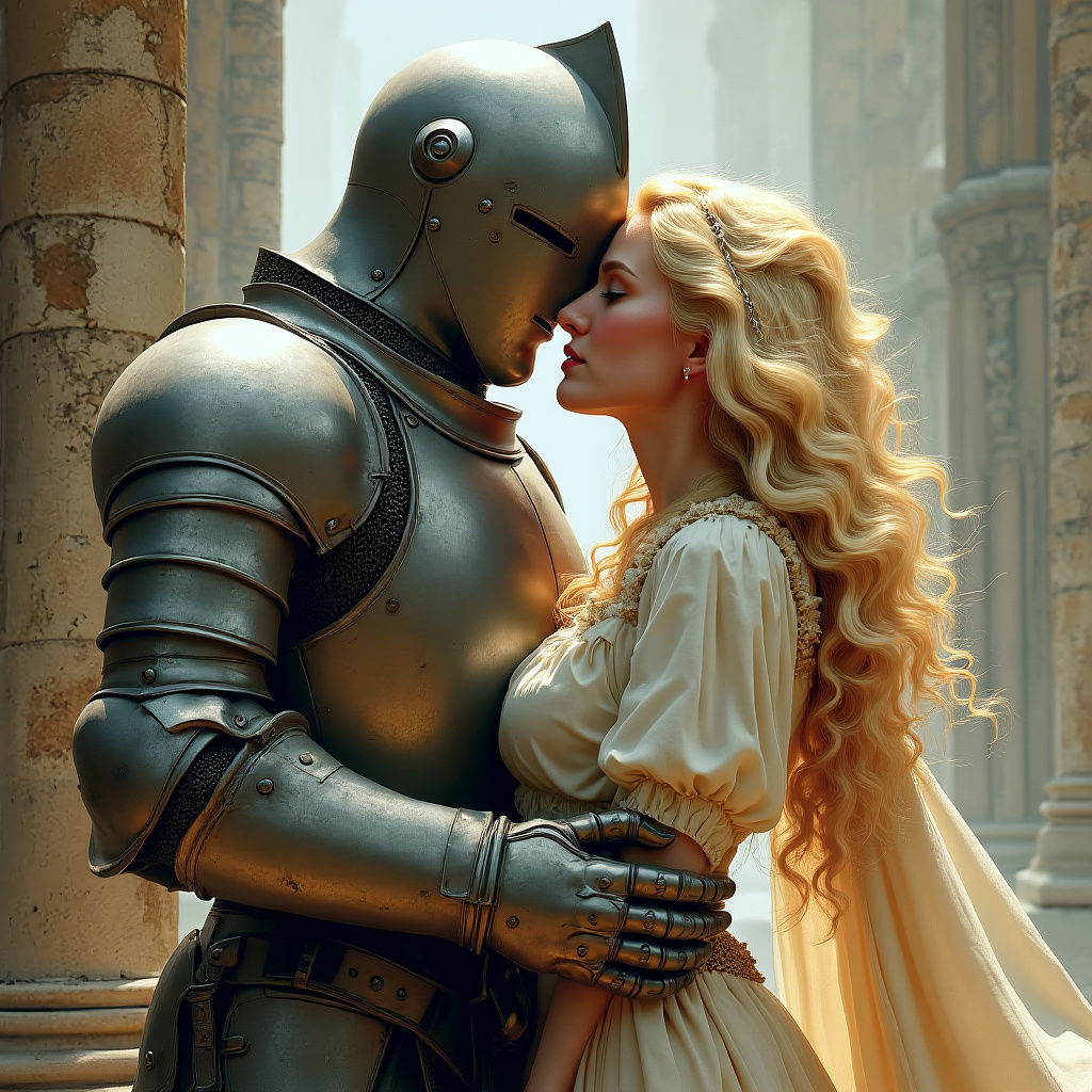 Medieval Knight Kissing Armored Woman: Romantic Fantasy