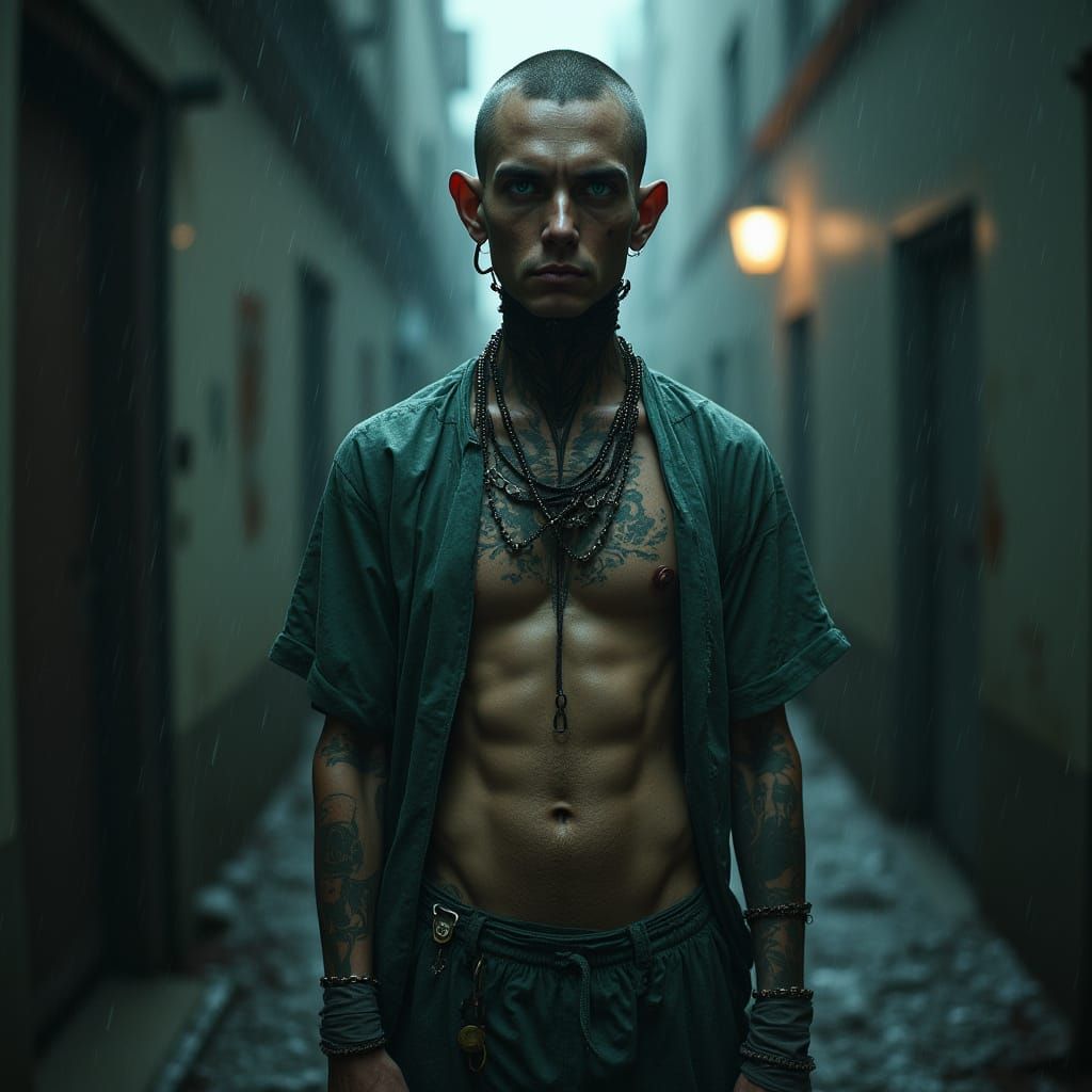 Disheveled Figure in Dark Alley, Gothic-Inspired Portraiture