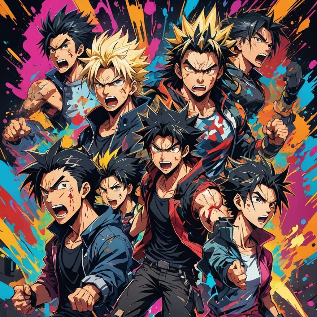 Dynamic Anime Characters in Vertical Stacked Illustration