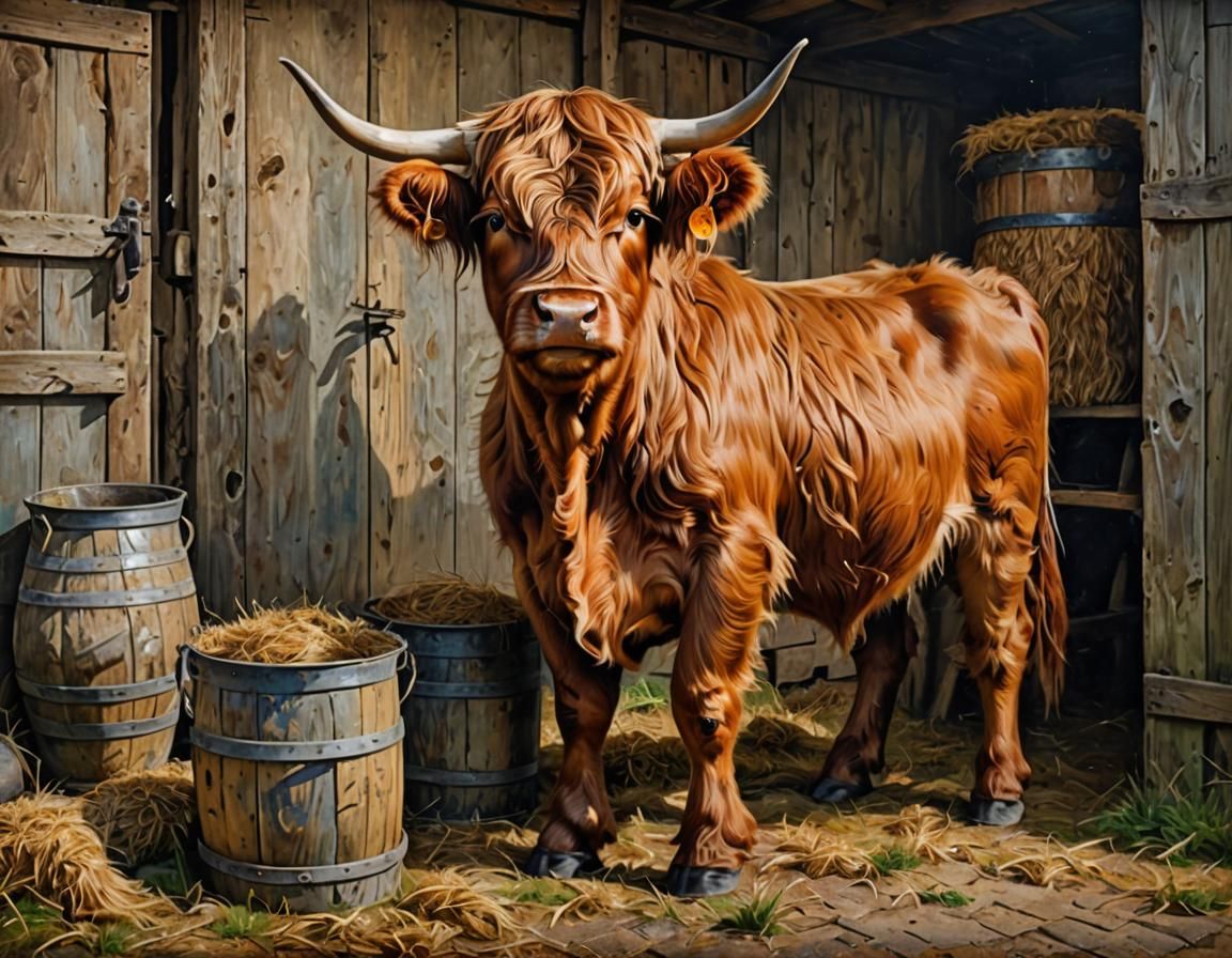 Scandinavian Milkmaid with Highland Cow Impasto Painting