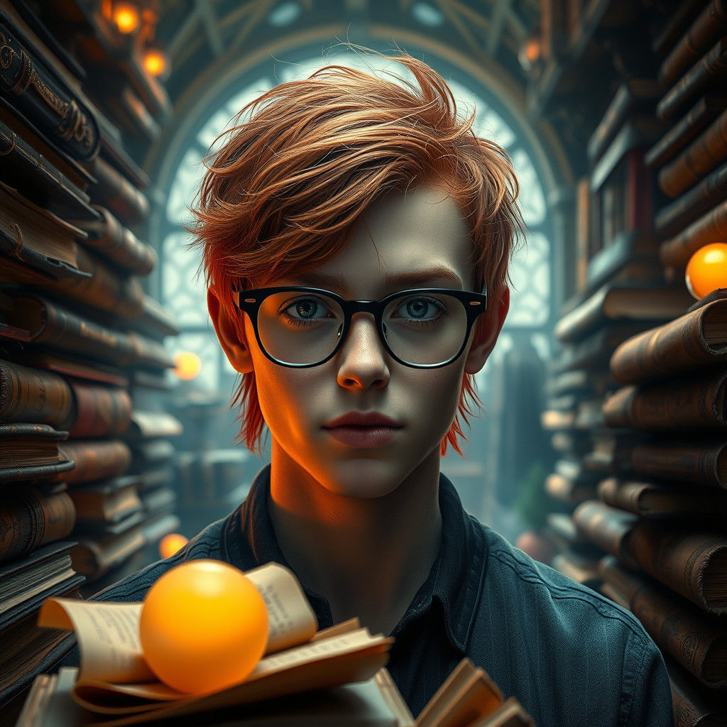 Mystical Library: Redhead Teenager in Detailed Matte Paintin...
